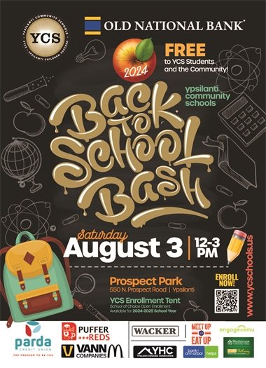 The Ypsilanti Community Schools Back to School Bash is at Prospect Park on Saturday, August 3rd. It will be from 12 to 3 p.m. and is free for YCS students and the community.